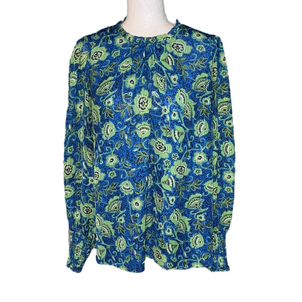 Maison d’Amelie Blue Green Metallic Gold Floral Print Ruffle Neck Blouse - L